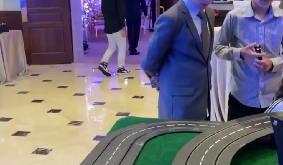 Slot car track set up in a hotel ballroom
