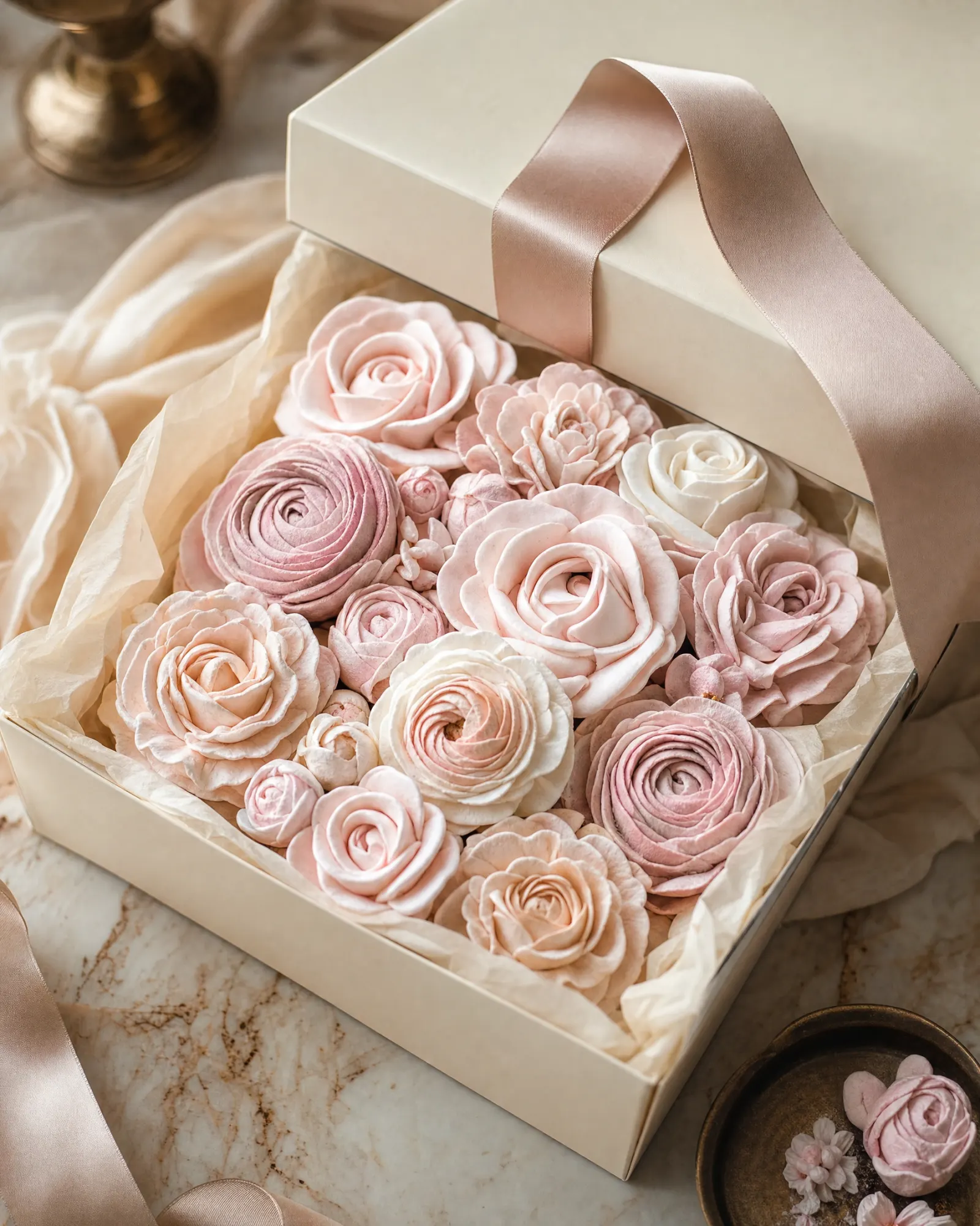 Marshmallow flower gift box with satin ribbon