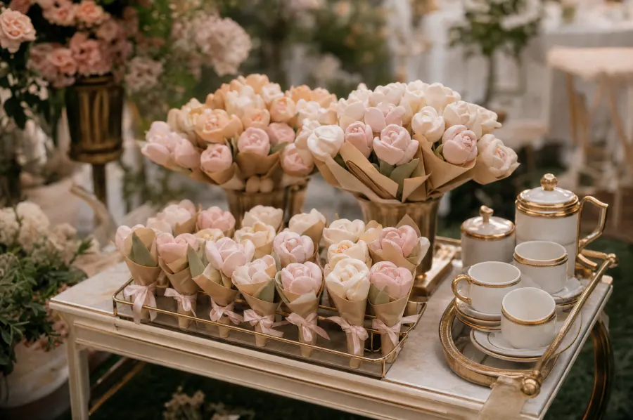 Cream and brass cart at a garden party with marshmallow flower bouquets
