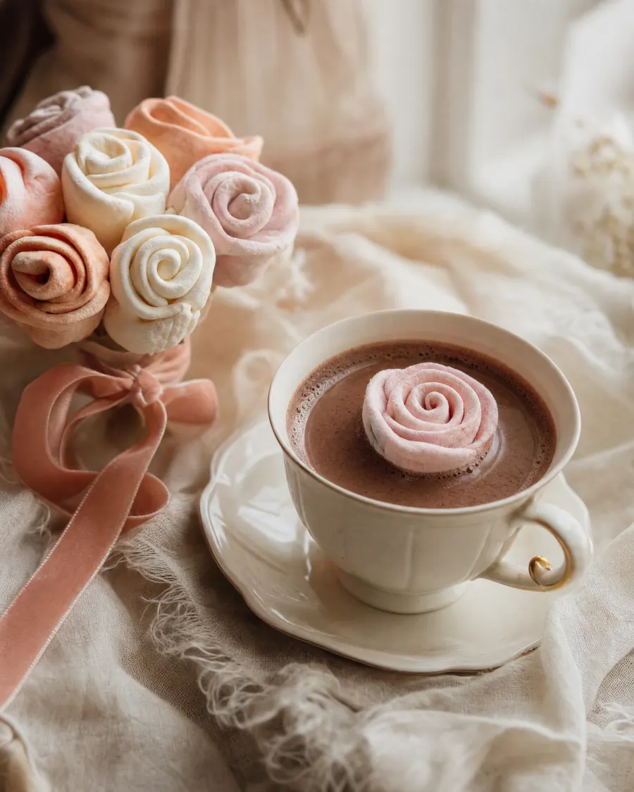 Hot cocoa topped with a single marshmallow rose