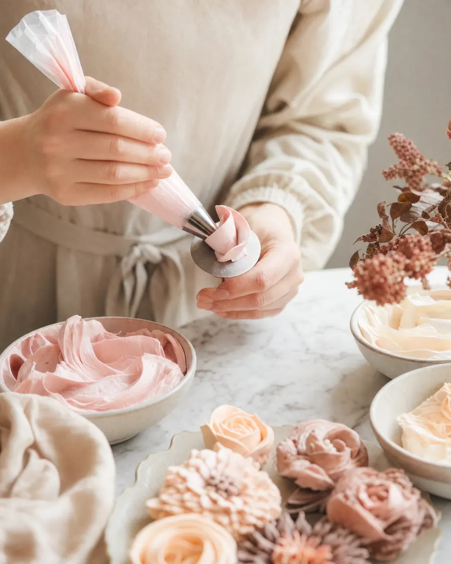 Hands piping a marshmallow rose petal onto a flower nail