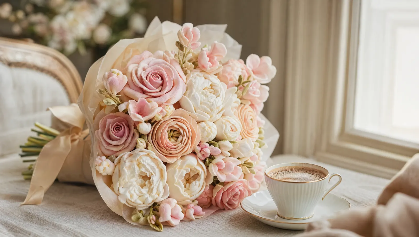 Bouquet of handcrafted marshmallow roses, peonies and ranunculus in blush and cream