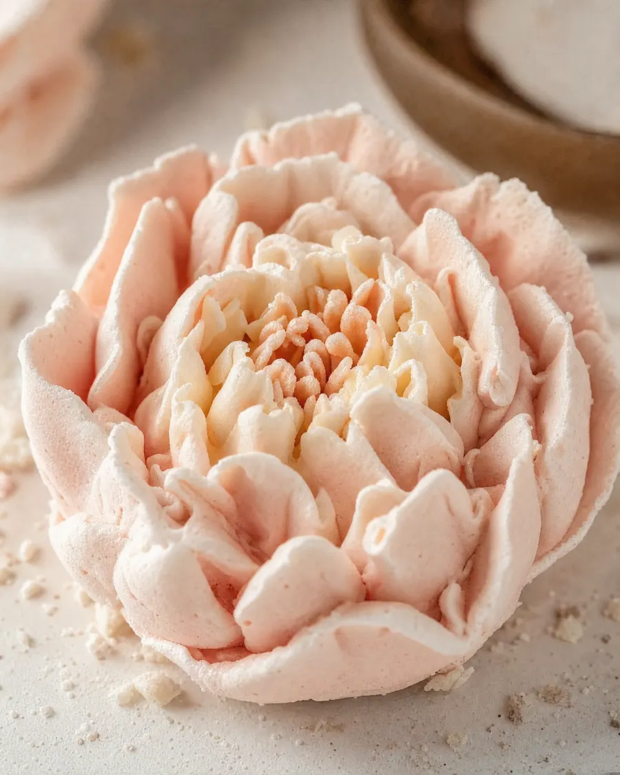 Close-up of a handcrafted marshmallow peony in blush and cream