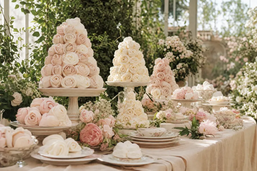 Wedding dessert table with tall marshmallow flower arrangements